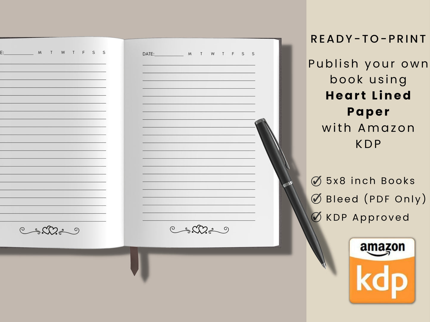 Heart Lined Paper, 5x8, KDP Lined Paper, Digital Planner, Printable Planner