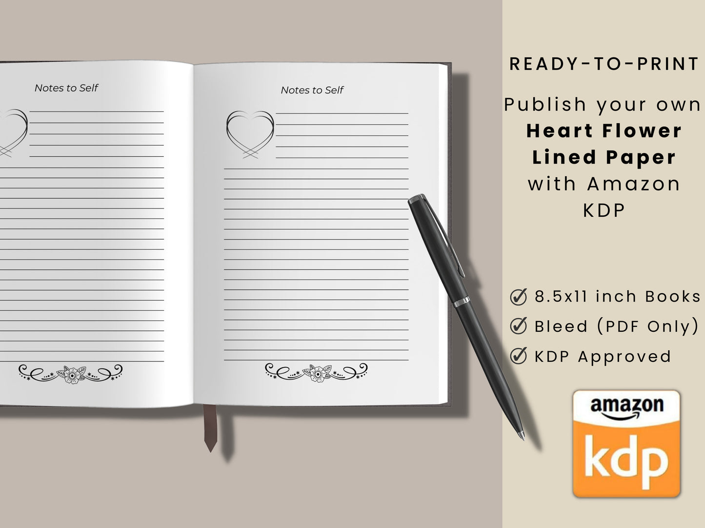Heart Flower Lined Paper, 8.5x11, KDP Lined Paper, KDP Template,KDP Interior