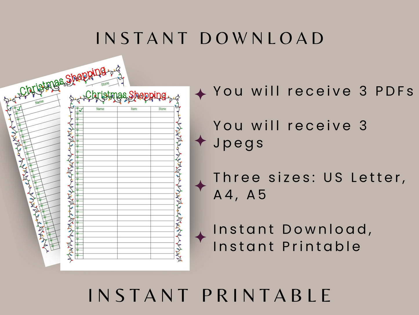 Christmas Shopping List, Printable, US Letter, A4, A5, Christmas Gift List