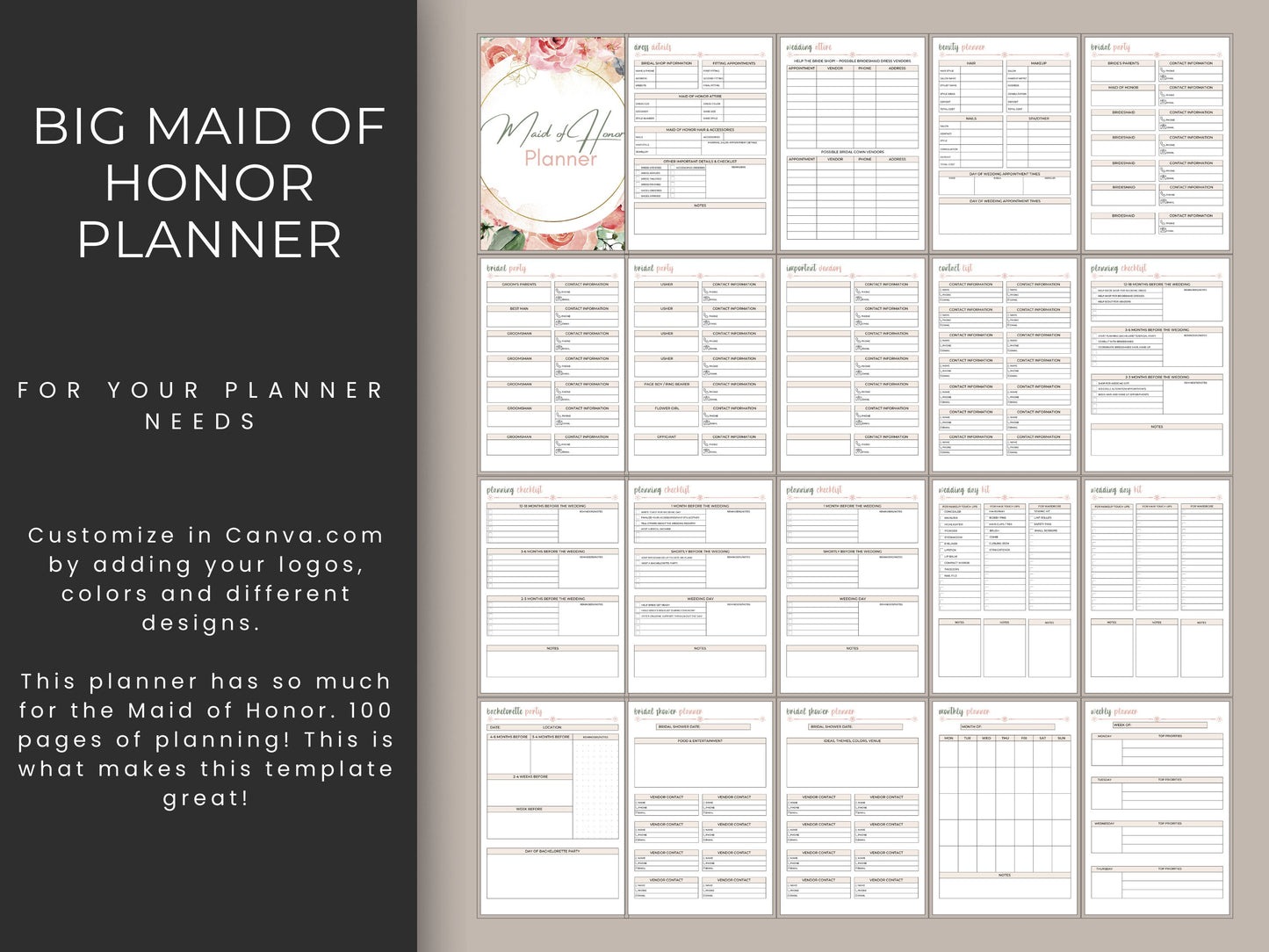 Big Maid of Honor Planner, KDP Interior, 8.5x11, Customizable in Canva, Printable, Digital