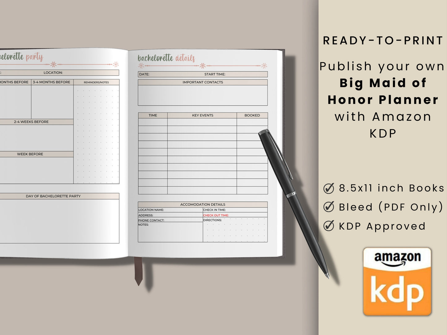 Big Maid of Honor Planner, KDP Interior, 8.5x11, Customizable in Canva, Printable, Digital
