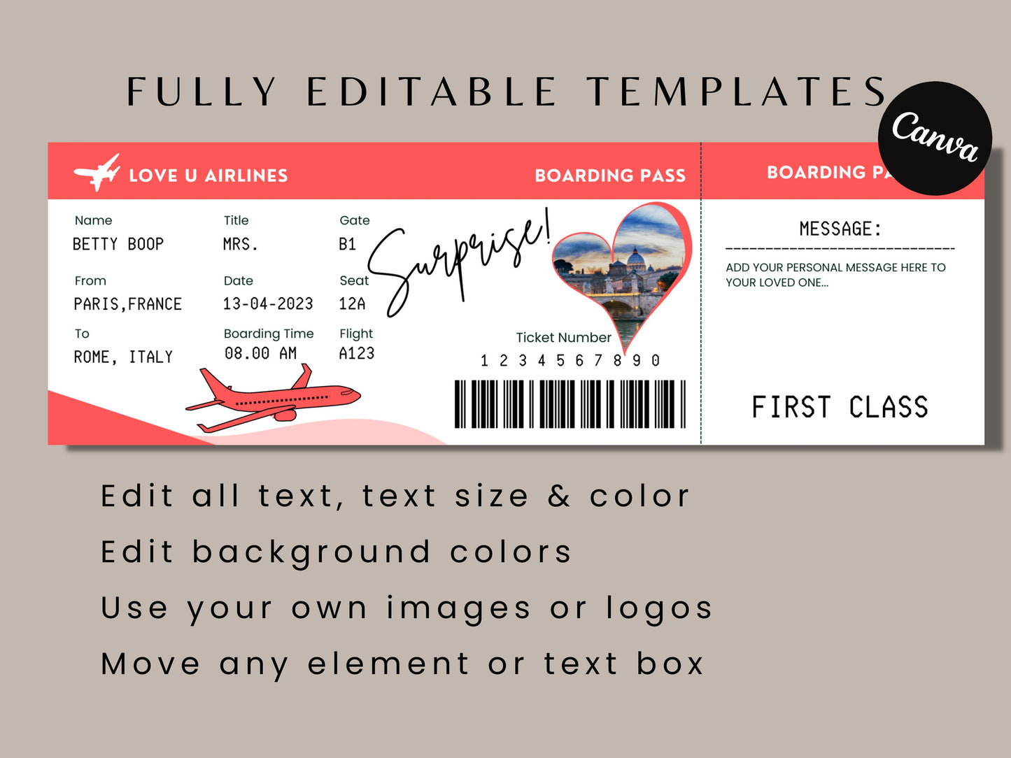 EDITABLE Boarding Ticket Template, Surprise Boarding Pass, Plane Ticket Vacation, Flight Gift, Holiday Destination