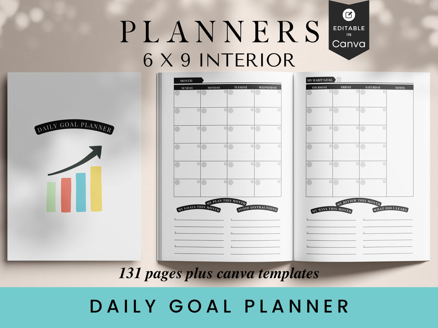Daily Goal Planner, 6x9, KDP Template, Daily Goals, Canva Template