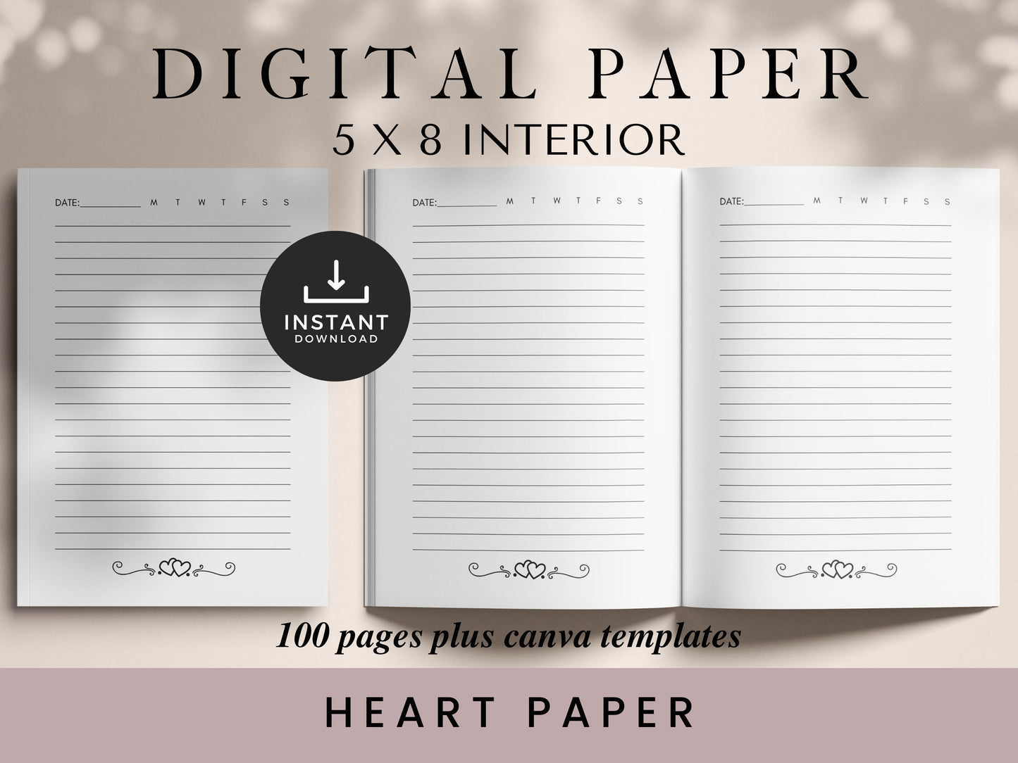 Heart Lined Paper, 5x8, KDP Lined Paper, Digital Planner, Printable Planner