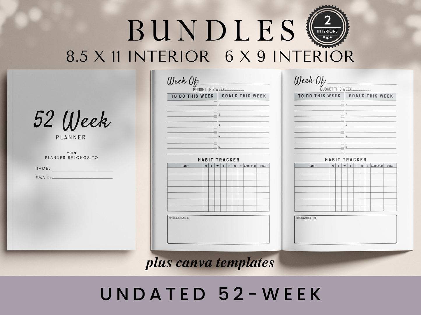 52 Week Undated Planner Bundle,KDP Template,KDP Interior,KDP Amazon,Weekly To do,iPhone Planner