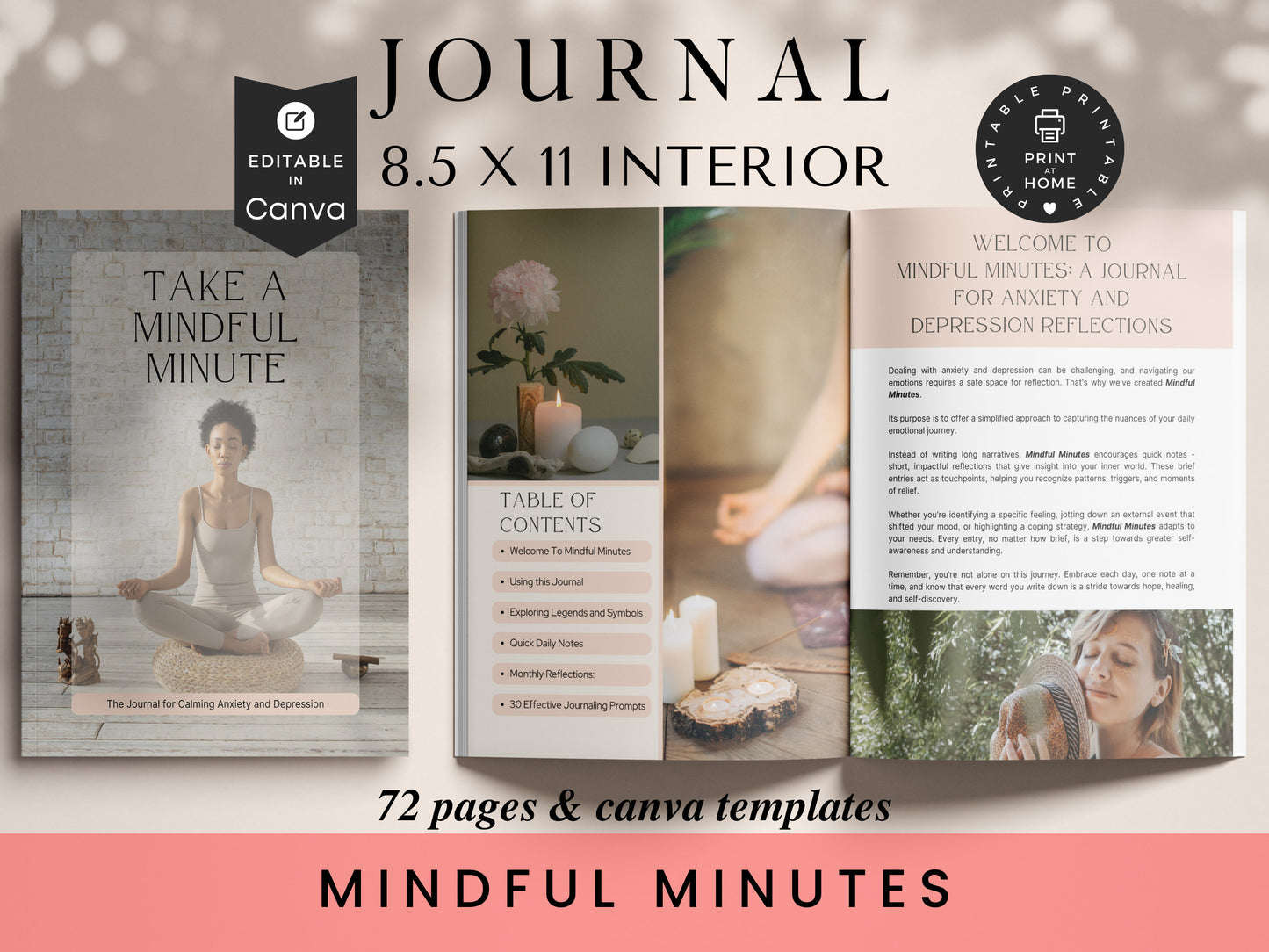 Mindful Minutes Journal, 8.5x11, KDP Template, Canva Templates, Printable Planner, Anxiety Journal, Depression Journal