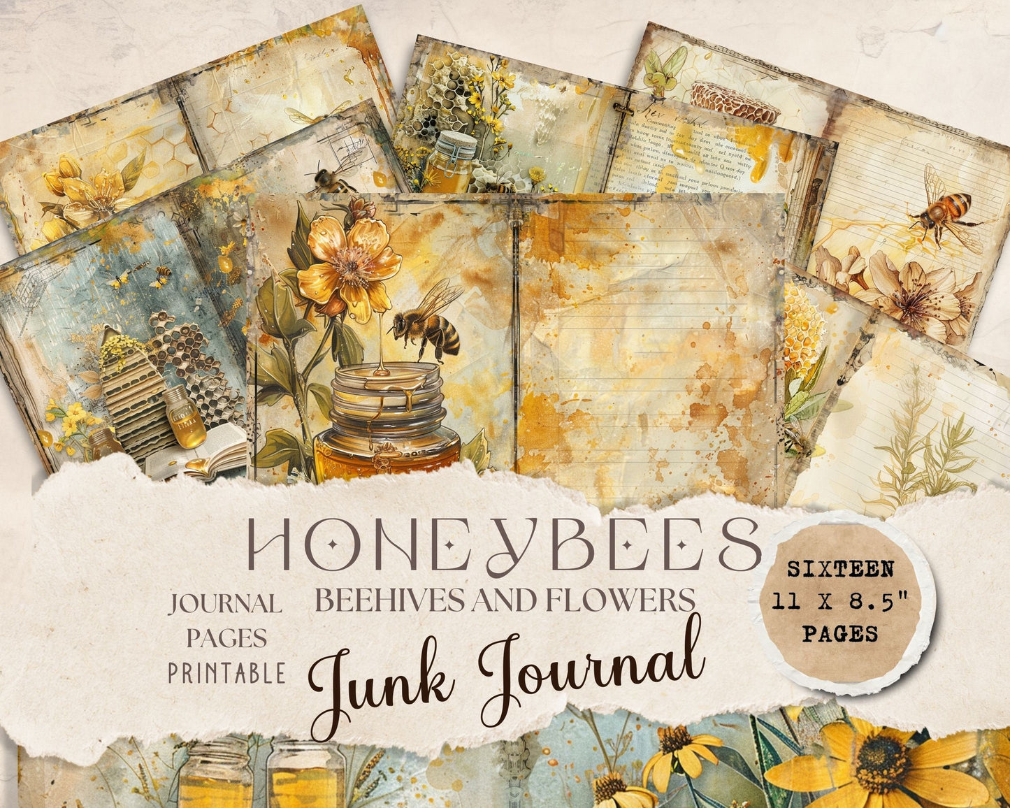 Honey Bees Junk Journal Pages, Vintage Bee Junk Journal Kit