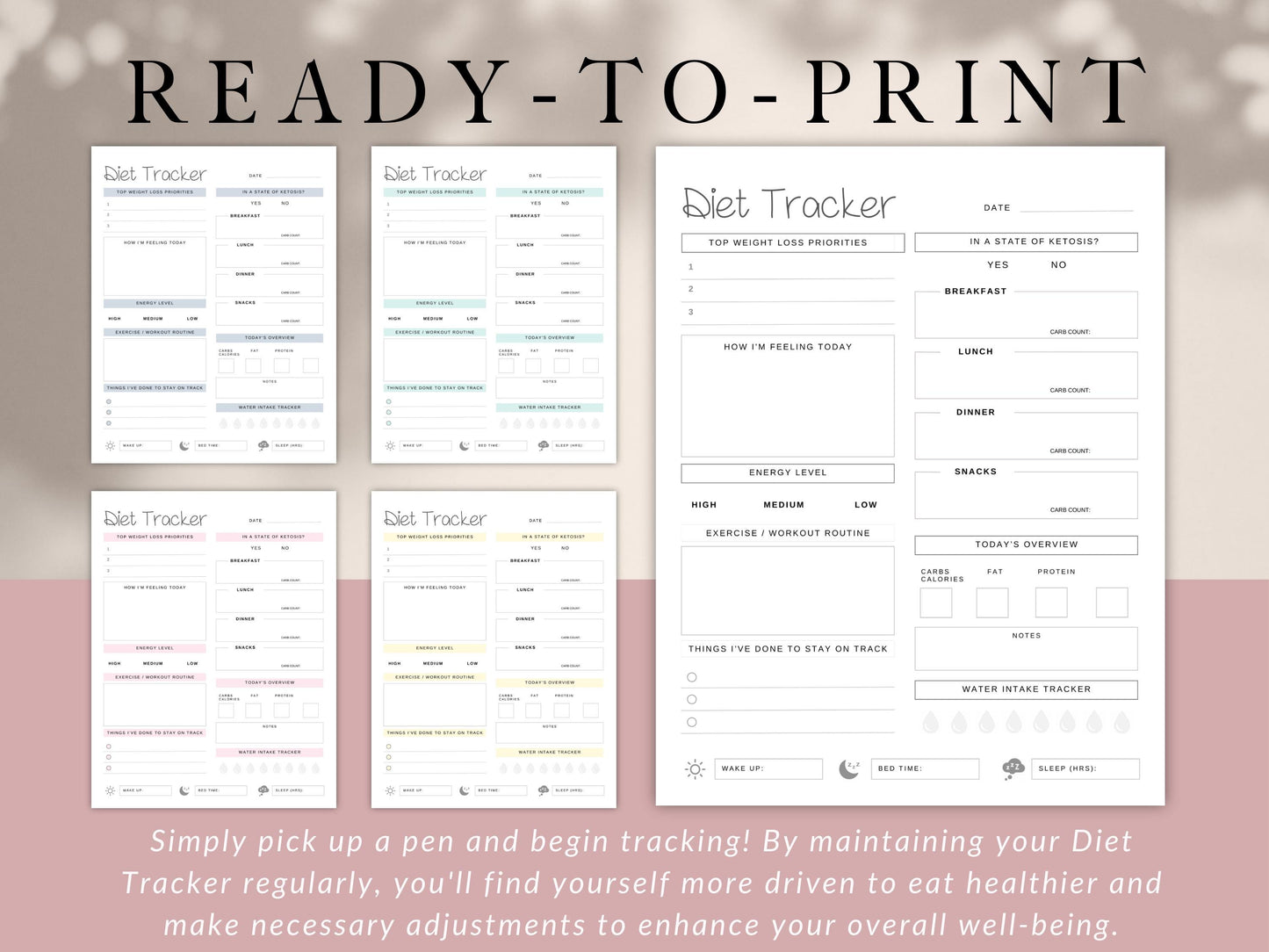 Diet and Fitness Journal for Weight Loss, Meal and Keto Tracking, PDF and JPG Templates