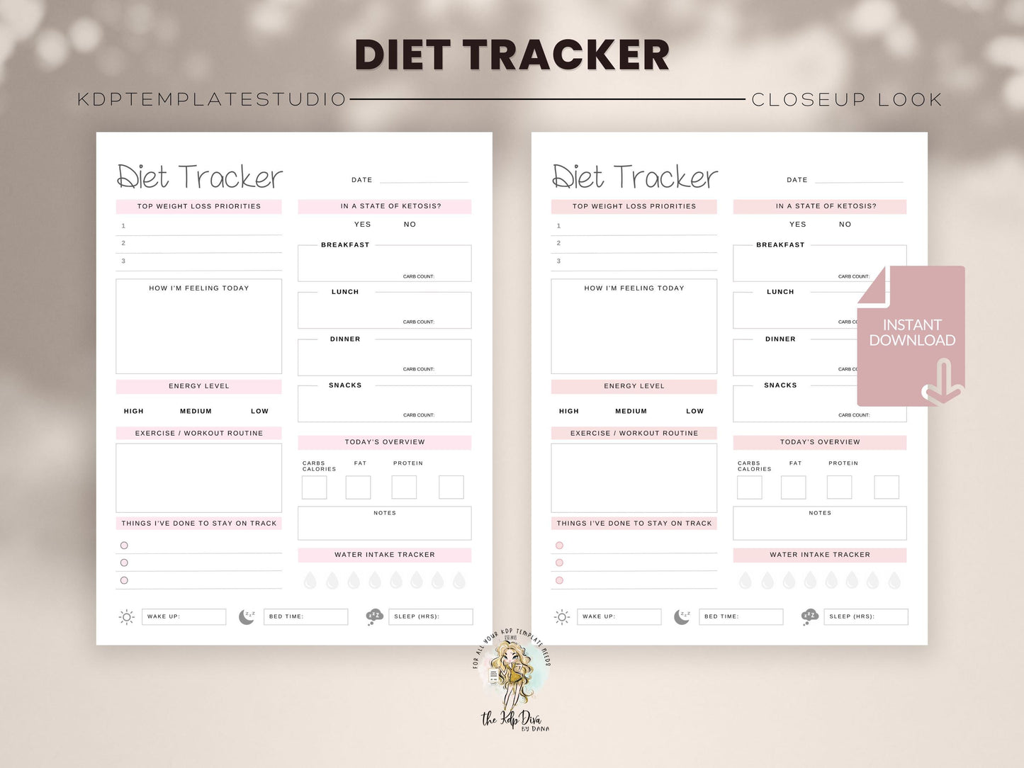 Diet and Fitness Journal for Weight Loss, Meal and Keto Tracking, PDF and JPG Templates