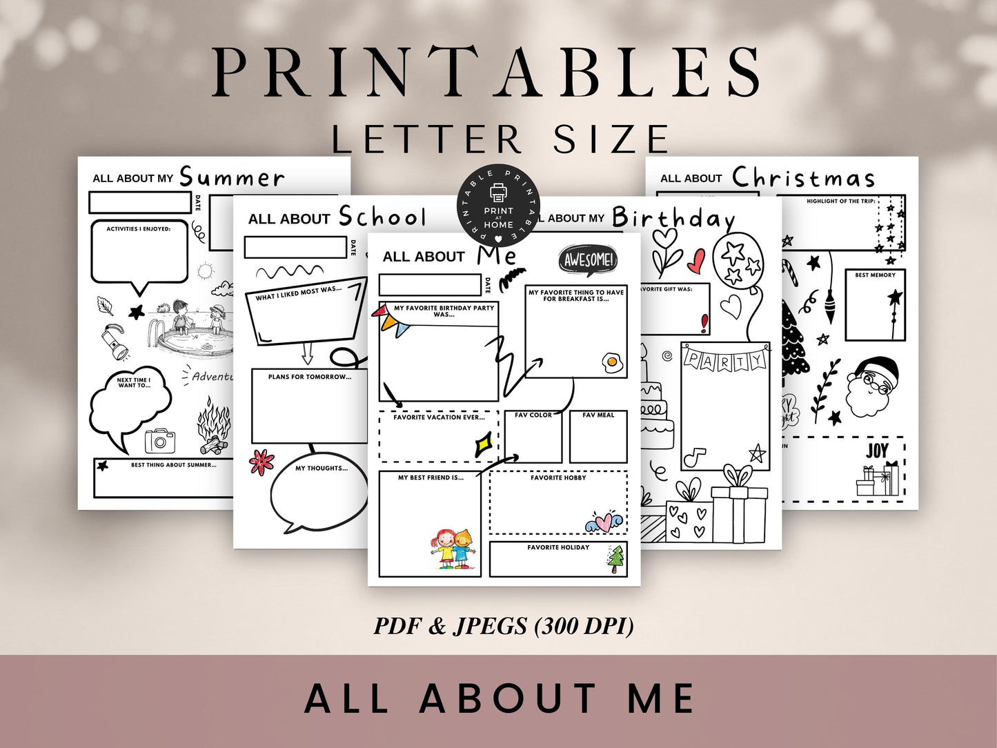 All About Me Printable Kids Worksheet, Instant Download, Homeschool Activity, Coloring Page, First Day of School Questionnaire, PDF and JPG