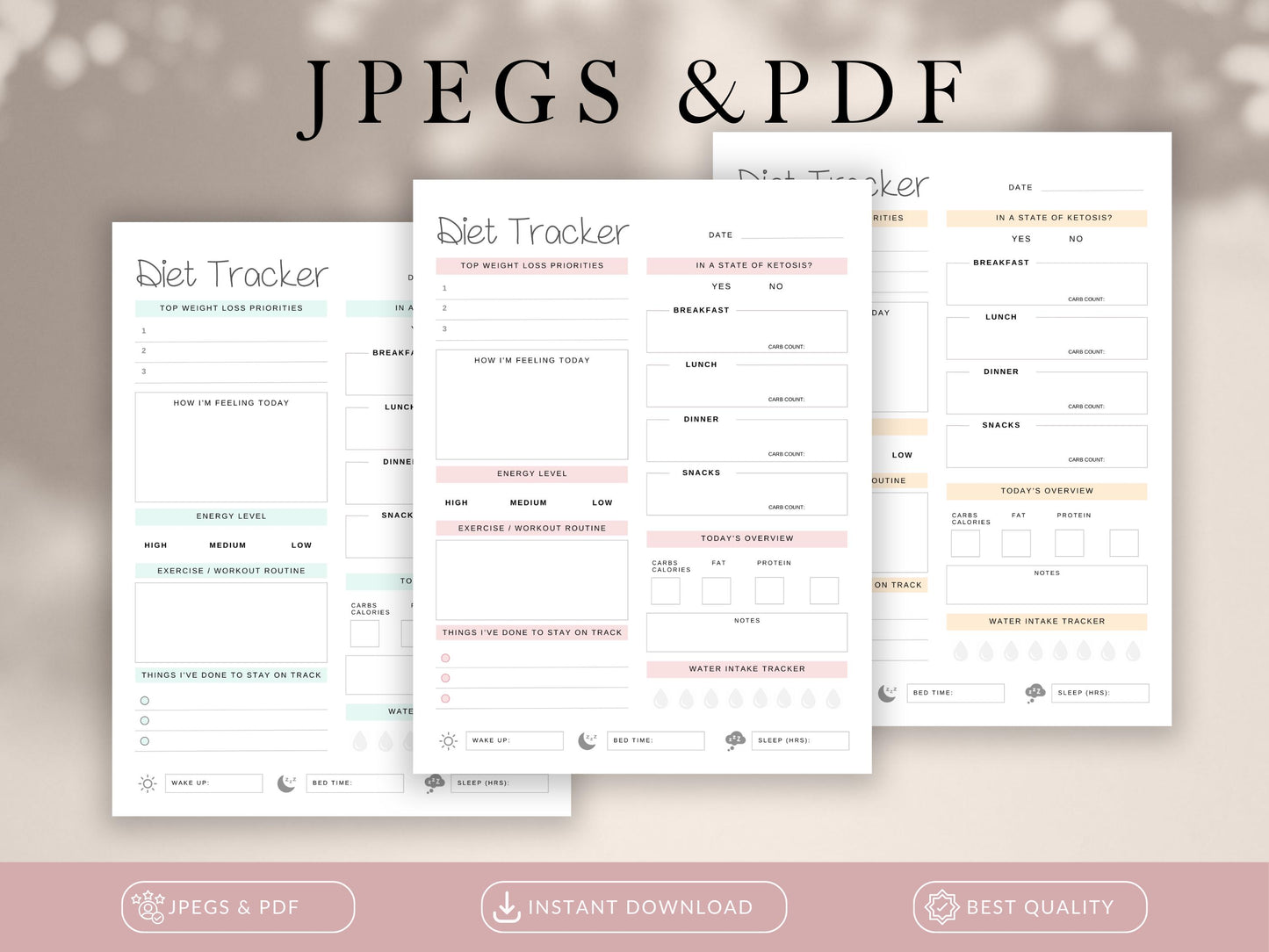 Diet and Fitness Journal for Weight Loss, Meal and Keto Tracking, PDF and JPG Templates