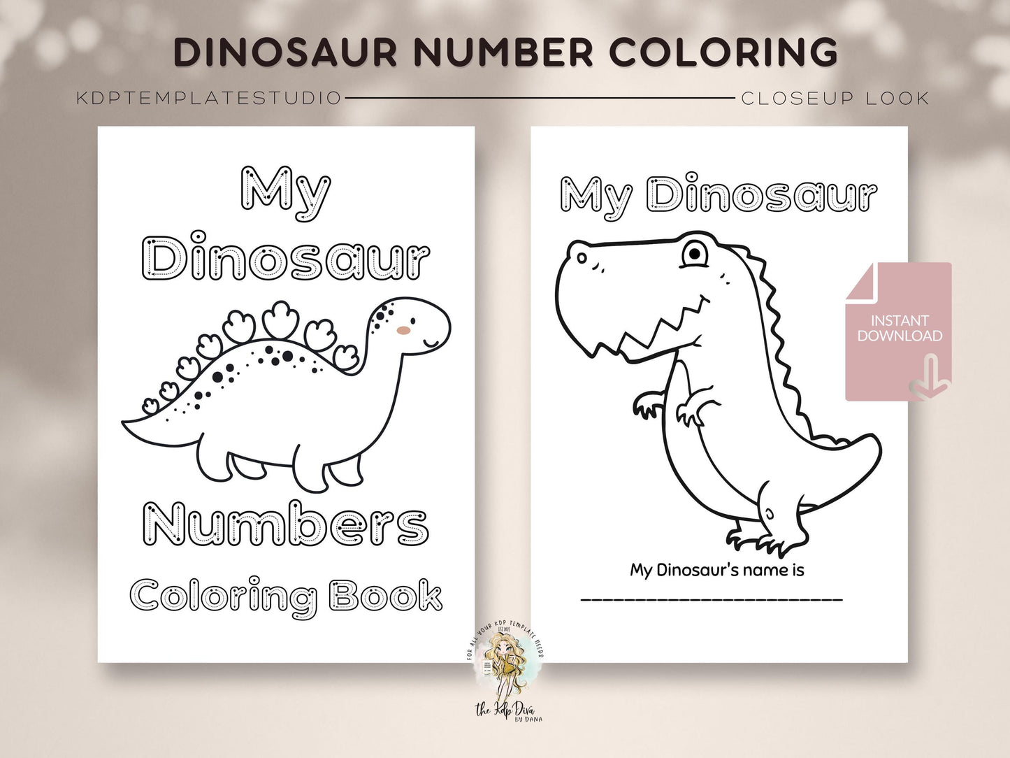 Dinosaur Number Coloring Template 1-20 with Tracing for Homeschool, KDP Authors, Practice Sheets