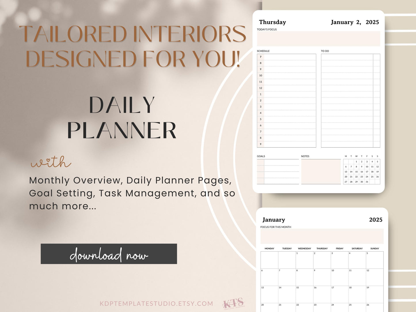 2025 Daily Planner with Goals, Monthly Focus, To-Do, Canva Templates, KDP Interior