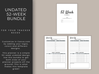 52 Week Undated Planner Bundle,KDP Template,KDP Interior,KDP Amazon,Weekly To do,iPhone Planner