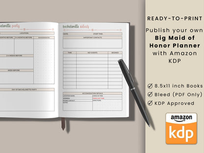 Big Maid of Honor Planner, KDP Interior, 8.5x11, Customizable in Canva, Printable, Digital