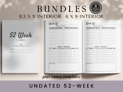52 Week Undated Planner Bundle,KDP Template,KDP Interior,KDP Amazon,Weekly To do,iPhone Planner